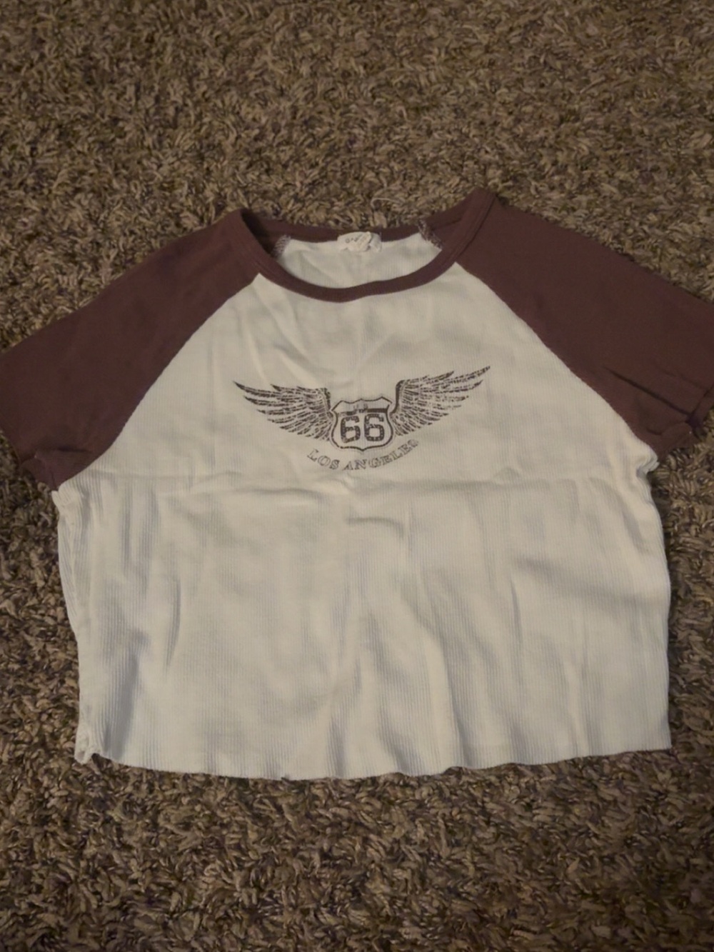Garage White Ribbed Raglan Tee with Brown Sleeves and Route 66 Graphic